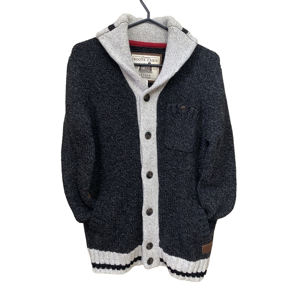 ROOTS Cabin Canada Wool Blend Shawl Button Cardigan Women's S Gray Cottagecore‎
